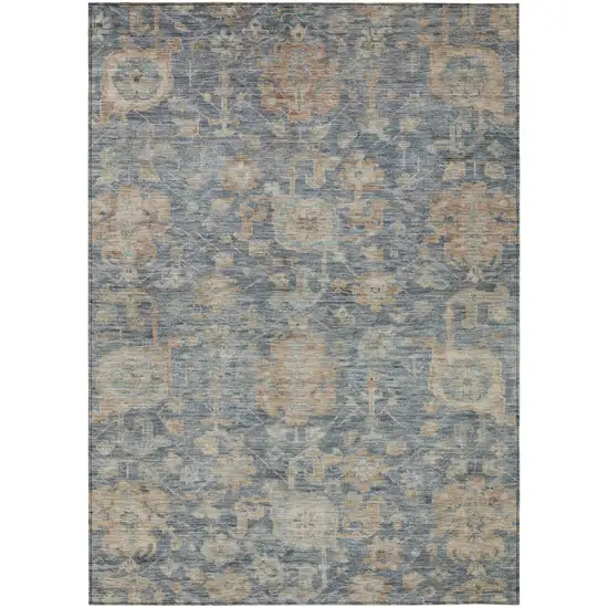 Denim Blue Brown And Beige Damask Washable Indoor Outdoor Area Rug Photo 2