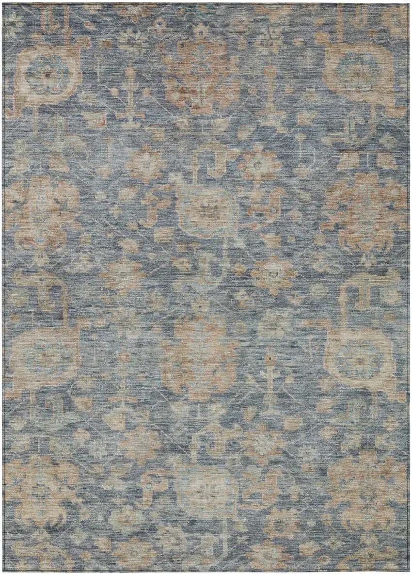 Denim Blue Brown And Beige Damask Washable Indoor Outdoor Area Rug Photo 2