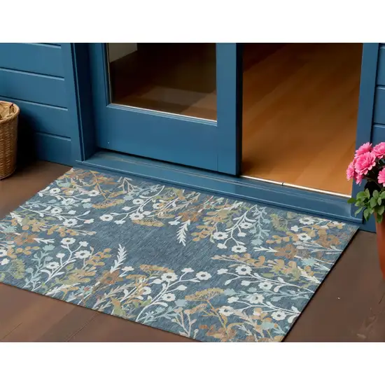 Denim Blue Brown And Beige Floral Washable Indoor Outdoor Area Rug Photo 1