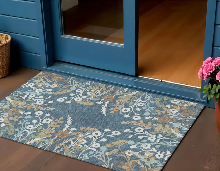 Denim Blue Brown And Beige Floral Washable Indoor Outdoor Area Rug Photo 1