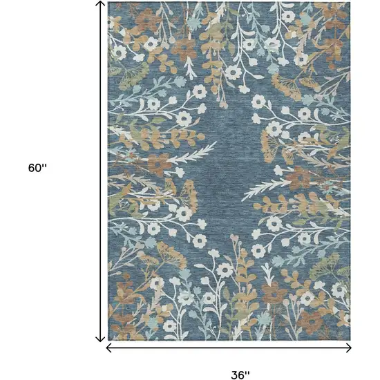 Denim Blue Brown And Beige Floral Washable Indoor Outdoor Area Rug Photo 3