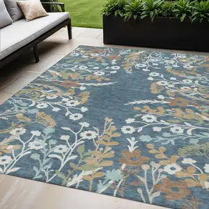 Photo of Denim Blue Brown And Beige Floral Washable Indoor Outdoor Area Rug