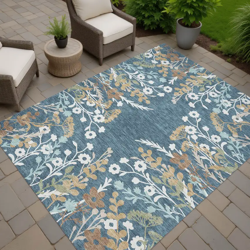 Denim Blue Brown And Beige Floral Washable Indoor Outdoor Area Rug Photo 9