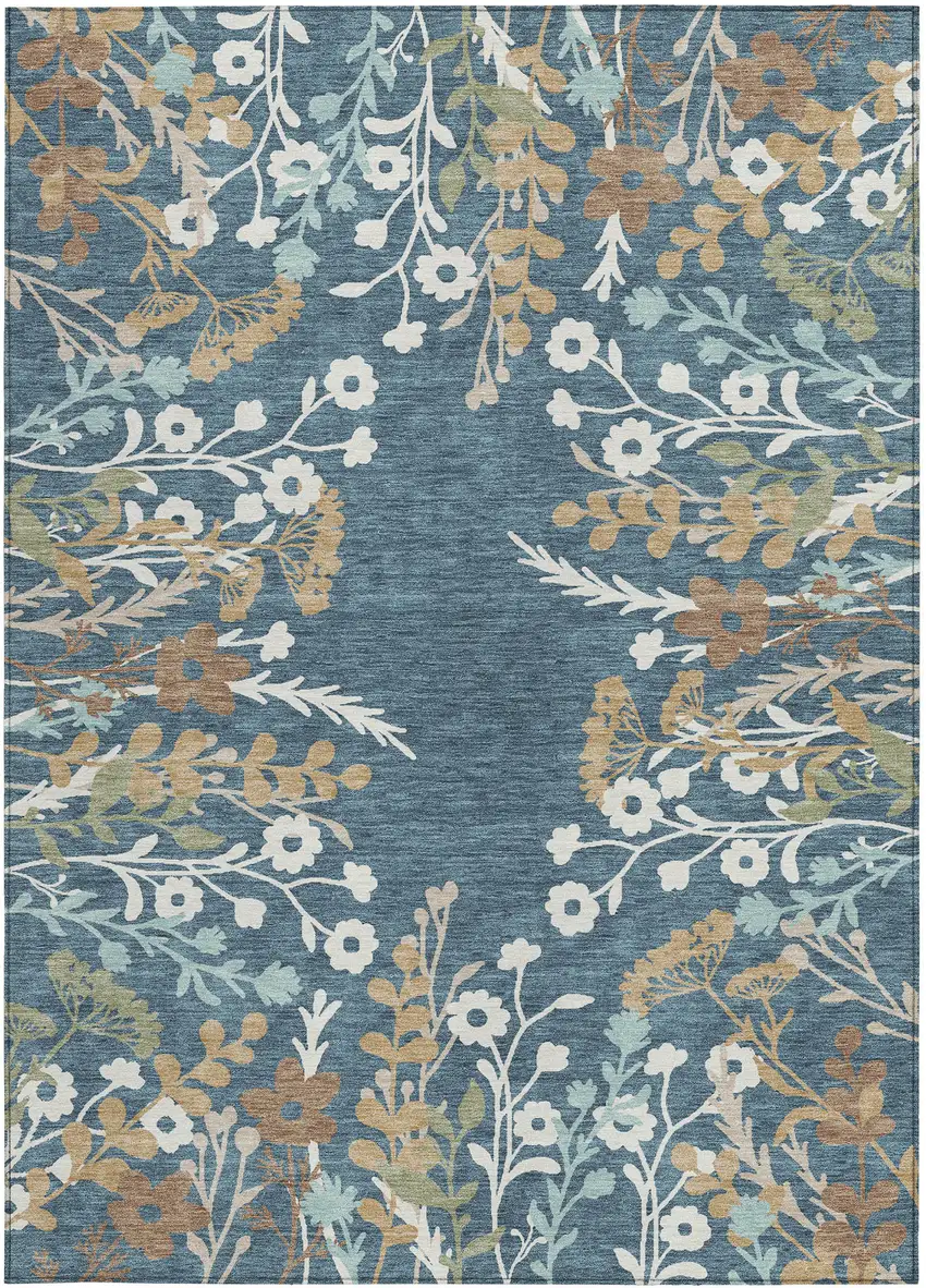 Denim Blue Brown And Beige Floral Washable Indoor Outdoor Area Rug Photo 5