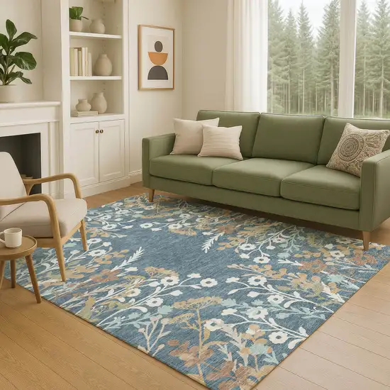 Denim Blue Brown And Beige Floral Washable Indoor Outdoor Area Rug Photo 9
