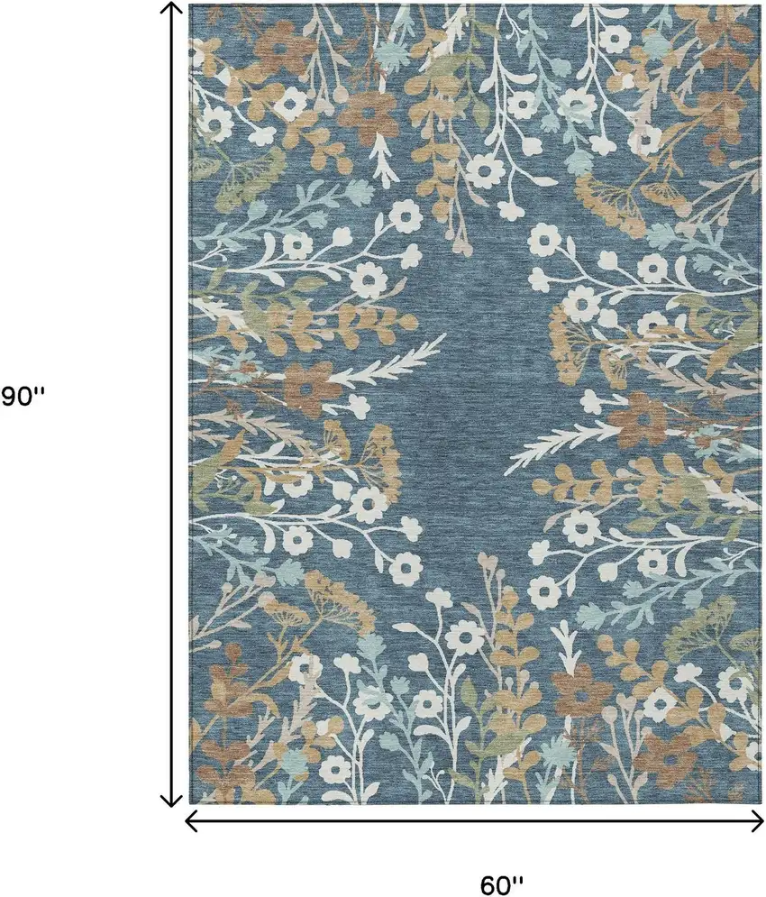Denim Blue Brown And Beige Floral Washable Indoor Outdoor Area Rug Photo 3