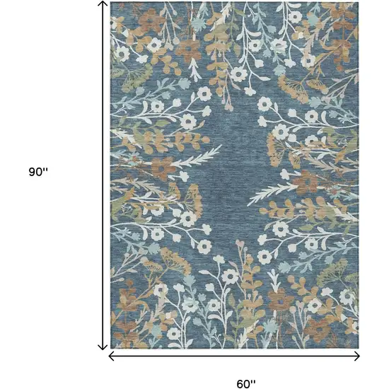 Denim Blue Brown And Beige Floral Washable Indoor Outdoor Area Rug Photo 3