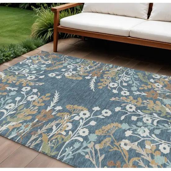 Denim Blue Brown And Beige Floral Washable Indoor Outdoor Area Rug Photo 1