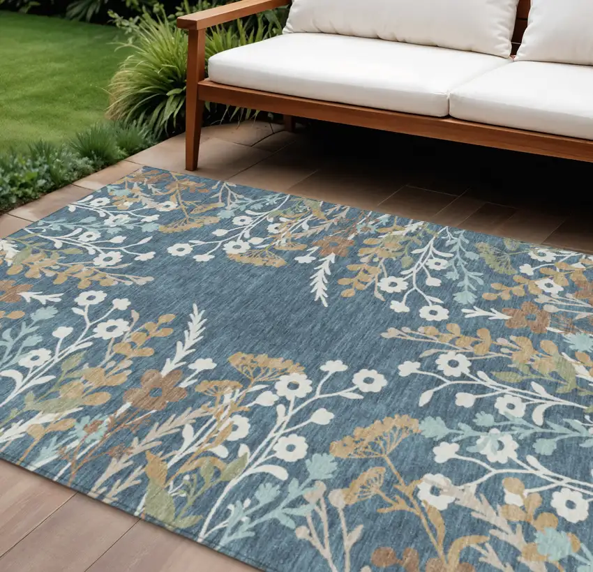 Denim Blue Brown And Beige Floral Washable Indoor Outdoor Area Rug Photo 1