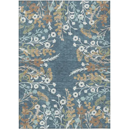 Denim Blue Brown And Beige Floral Washable Indoor Outdoor Area Rug Photo 2