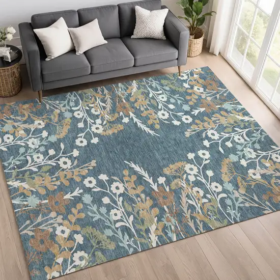 Denim Blue Brown And Beige Floral Washable Indoor Outdoor Area Rug Photo 9
