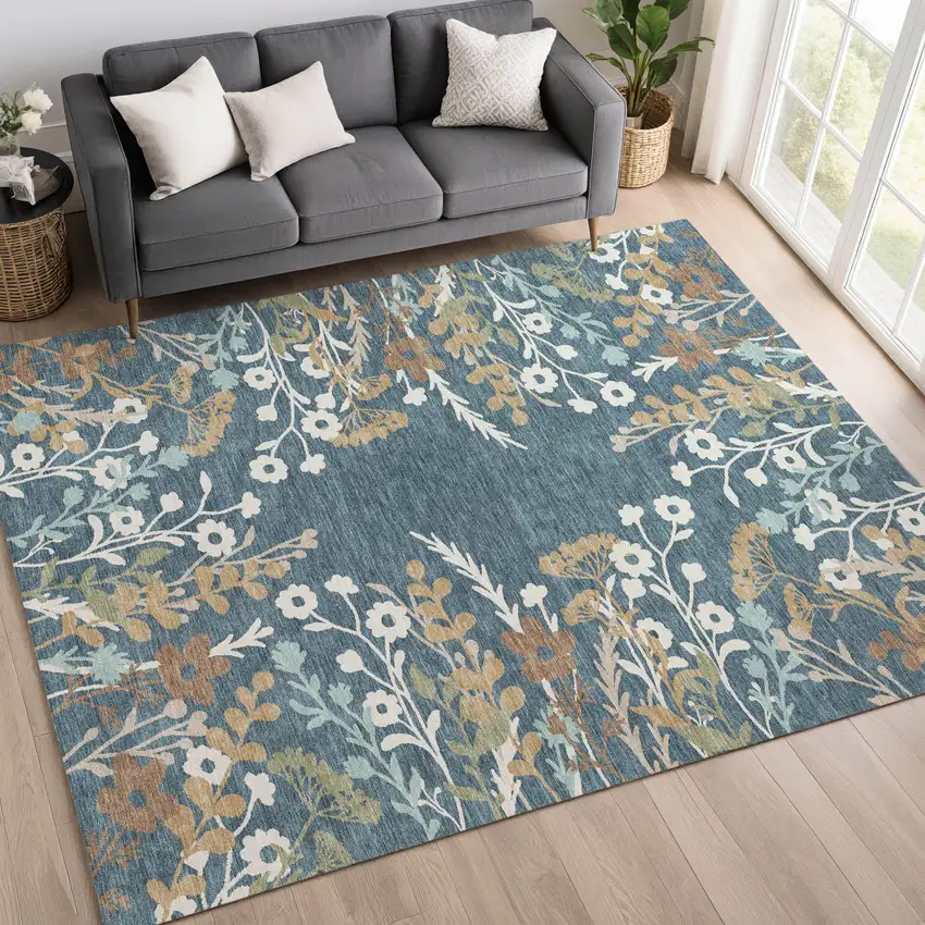 Denim Blue Brown And Beige Floral Washable Indoor Outdoor Area Rug Photo 9