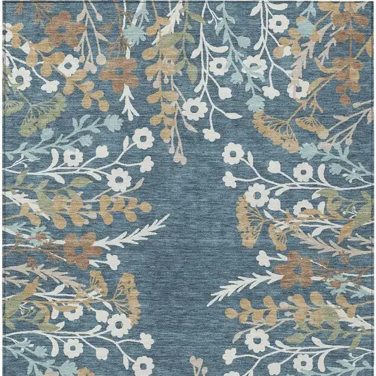 Denim Blue Brown And Beige Floral Washable Indoor Outdoor Area Rug Photo 4