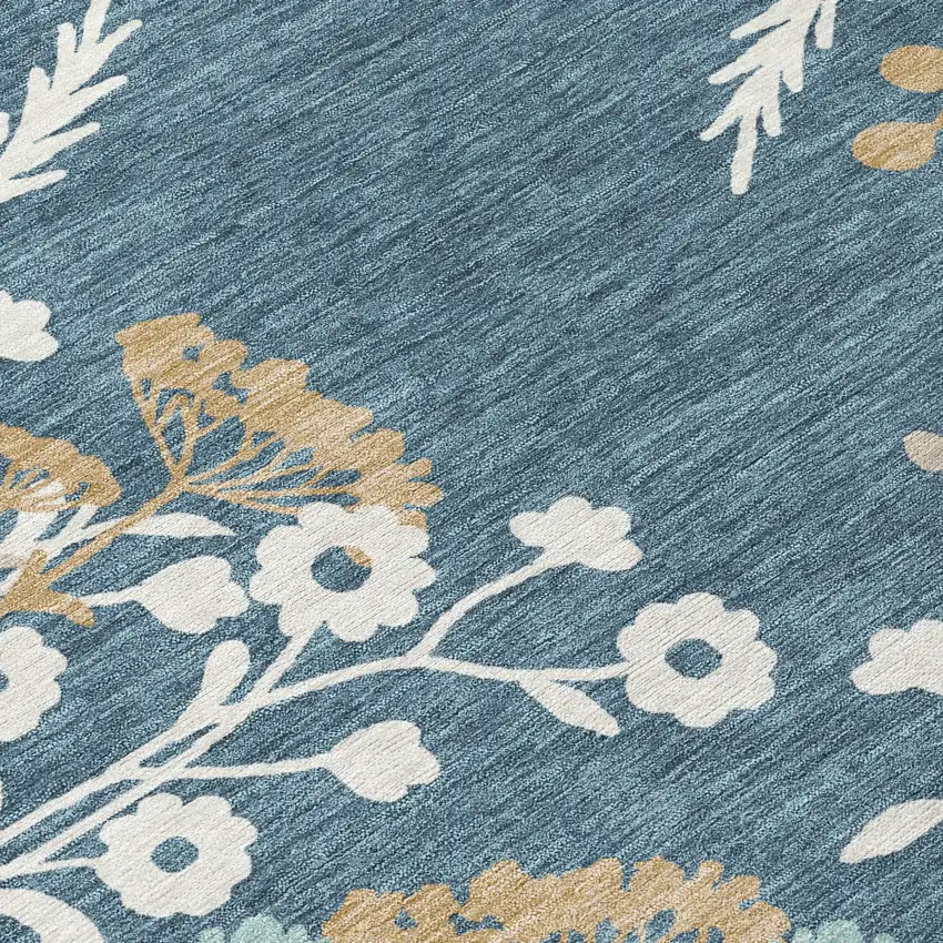 Denim Blue Brown And Beige Floral Washable Indoor Outdoor Area Rug Photo 7