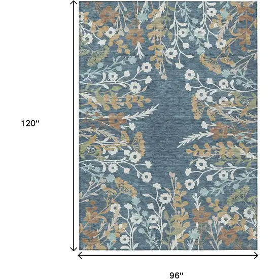 Denim Blue Brown And Beige Floral Washable Indoor Outdoor Area Rug Photo 3