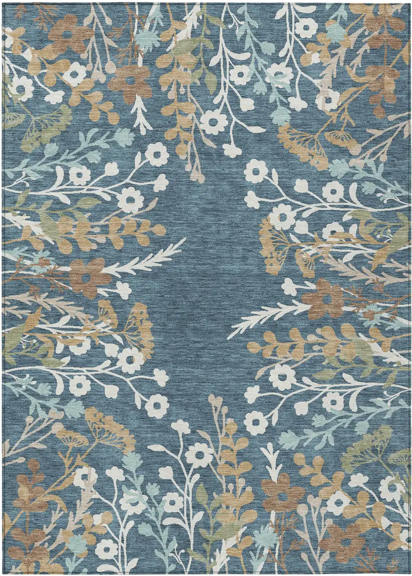 Denim Blue Brown And Beige Floral Washable Indoor Outdoor Area Rug Photo 2