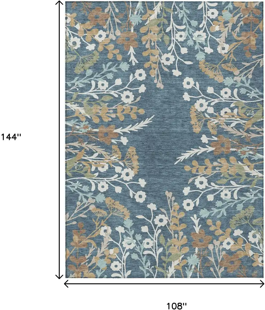 Denim Blue Brown And Beige Floral Washable Indoor Outdoor Area Rug Photo 3
