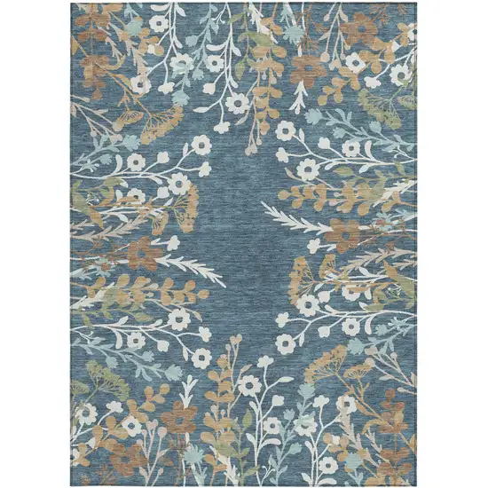 Denim Blue Brown And Beige Floral Washable Indoor Outdoor Area Rug Photo 5
