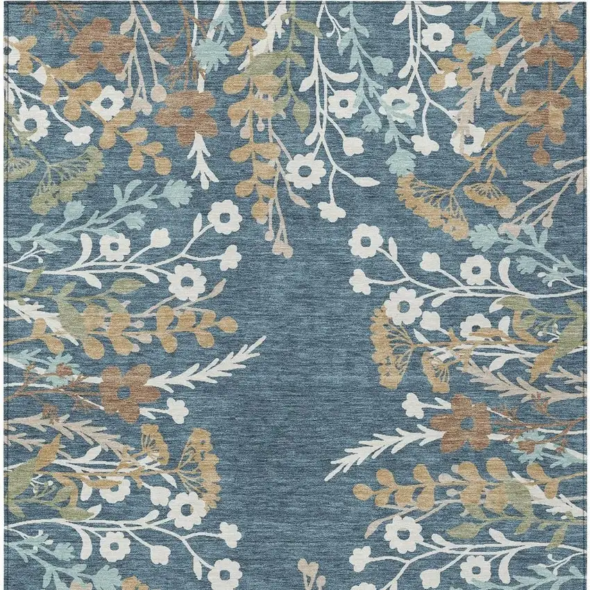 Denim Blue Brown And Beige Floral Washable Indoor Outdoor Area Rug Photo 4