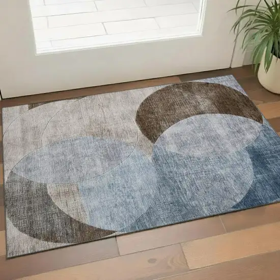Denim Blue Brown And Beige Geometric Washable Area Rug With UV Protection Photo 2