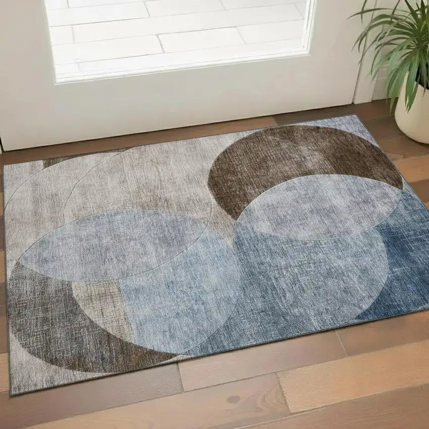 Denim Blue Brown And Beige Geometric Washable Area Rug With UV Protection Photo 2