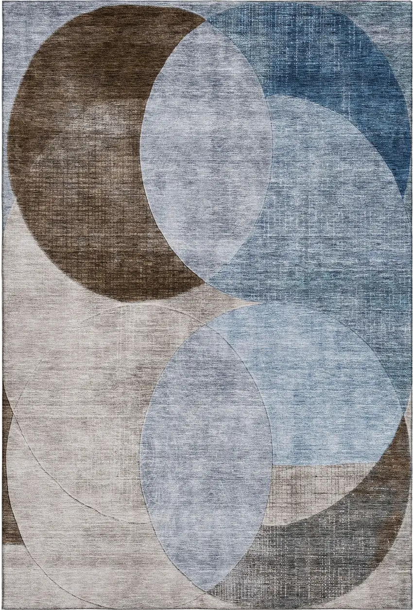 Denim Blue Brown And Beige Geometric Washable Area Rug With UV Protection Photo 1