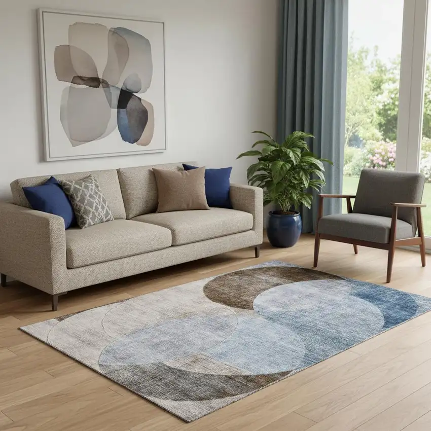 Denim Blue Brown And Beige Geometric Washable Area Rug With UV Protection Photo 2