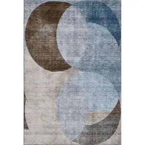 Photo of Denim Blue Brown And Beige Geometric Washable Area Rug With UV Protection