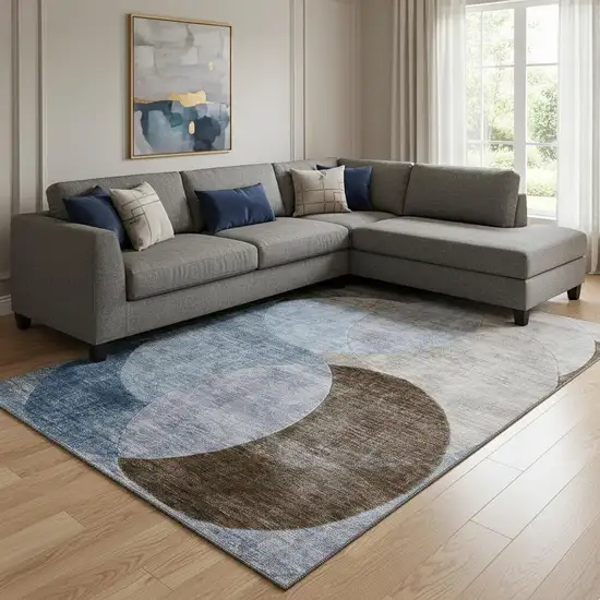 Denim Blue Brown And Beige Geometric Washable Area Rug With UV Protection Photo 2