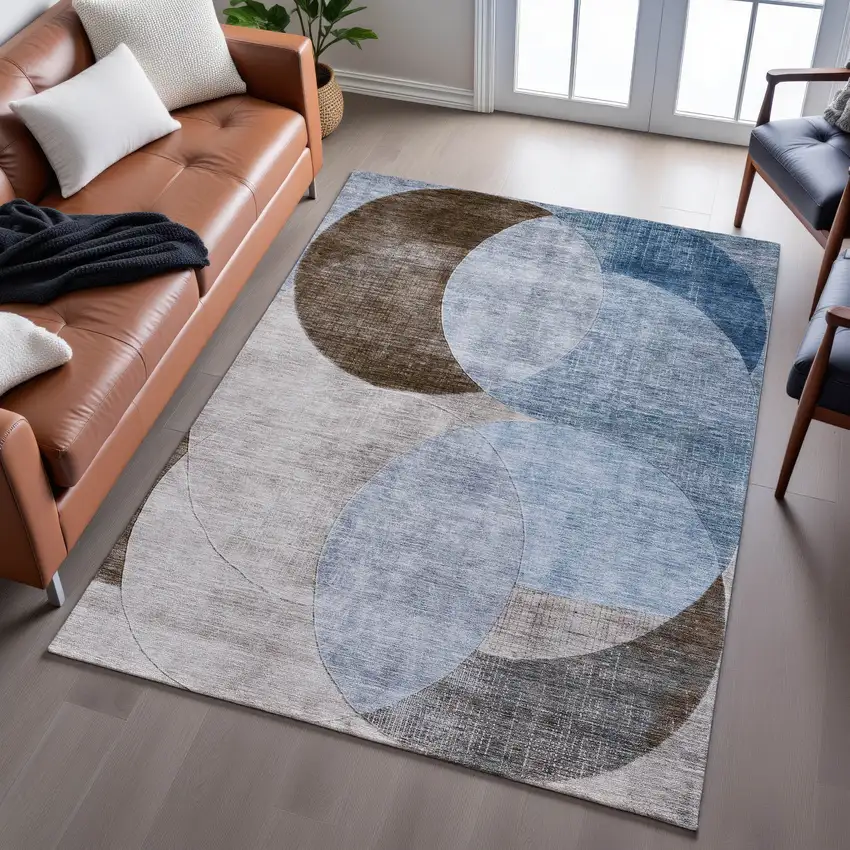 Denim Blue Brown And Beige Geometric Washable Area Rug With UV Protection Photo 5
