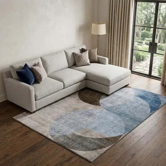 Denim Blue Brown And Beige Geometric Washable Area Rug With UV Protection Photo 1