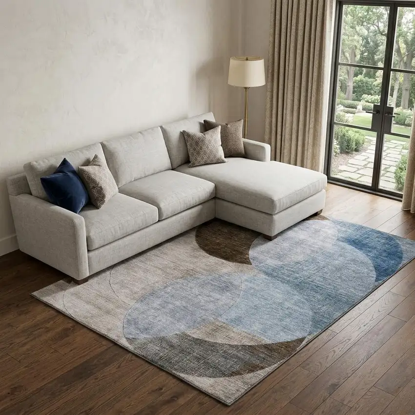 Denim Blue Brown And Beige Geometric Washable Area Rug With UV Protection Photo 1