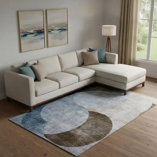 Denim Blue Brown And Beige Geometric Washable Area Rug With UV Protection Photo 2