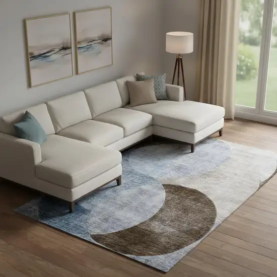 Denim Blue Brown And Beige Geometric Washable Area Rug With UV Protection Photo 2