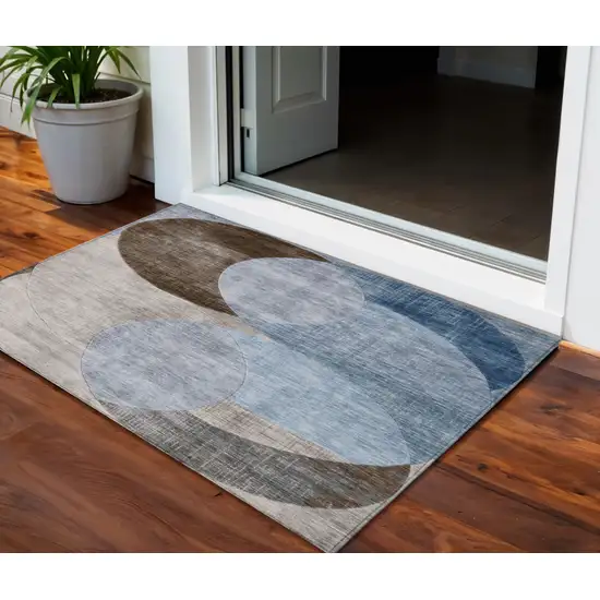 Denim Blue Brown And Beige Geometric Washable Indoor Outdoor Area Rug Photo 1