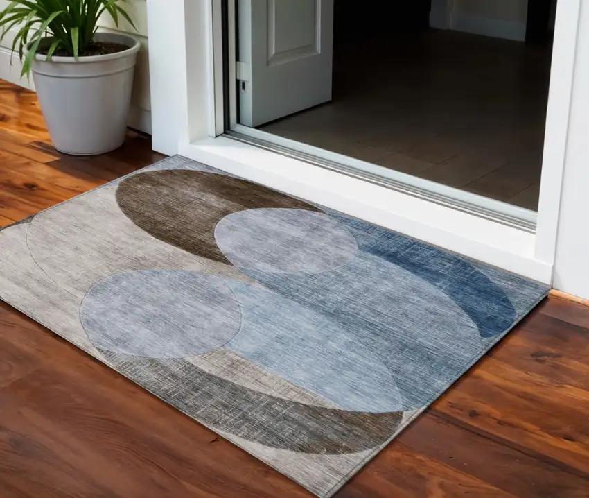 Denim Blue Brown And Beige Geometric Washable Indoor Outdoor Area Rug Photo 1