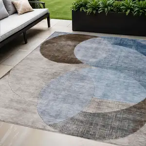 Photo of Denim Blue Brown And Beige Geometric Washable Indoor Outdoor Area Rug