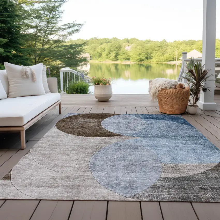 Denim Blue Brown And Beige Geometric Washable Indoor Outdoor Area Rug Photo 7