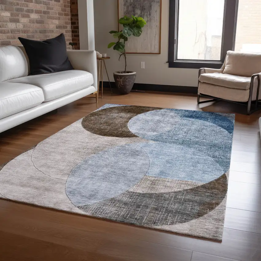 Denim Blue Brown And Beige Geometric Washable Indoor Outdoor Area Rug Photo 8