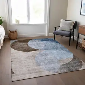Photo of Denim Blue Brown And Beige Geometric Washable Indoor Outdoor Area Rug