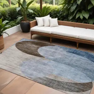 Photo of Denim Blue Brown And Beige Geometric Washable Indoor Outdoor Area Rug