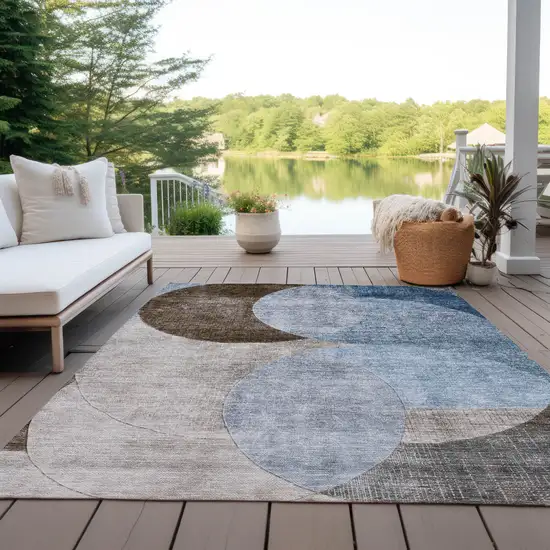 Denim Blue Brown And Beige Geometric Washable Indoor Outdoor Area Rug Photo 7