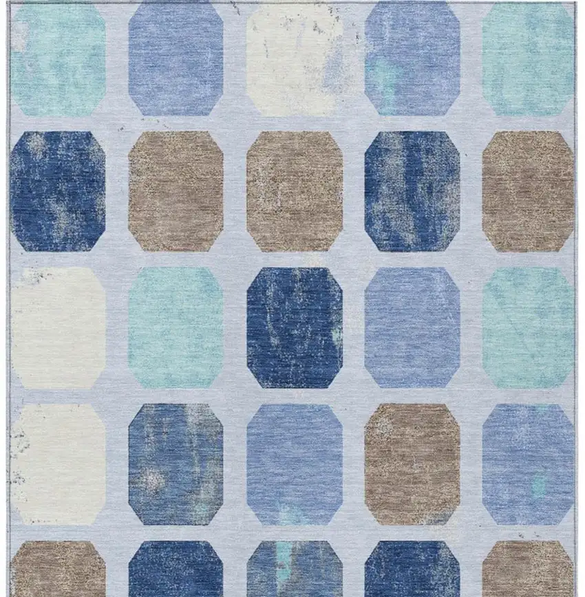 Denim Blue Brown And Sky Blue Geometric Washable Indoor Outdoor Area Rug Photo 4