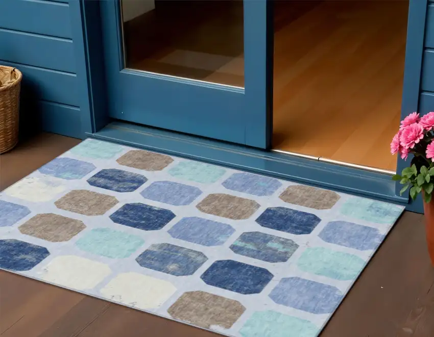 Denim Blue Brown And Sky Blue Geometric Washable Indoor Outdoor Area Rug Photo 2