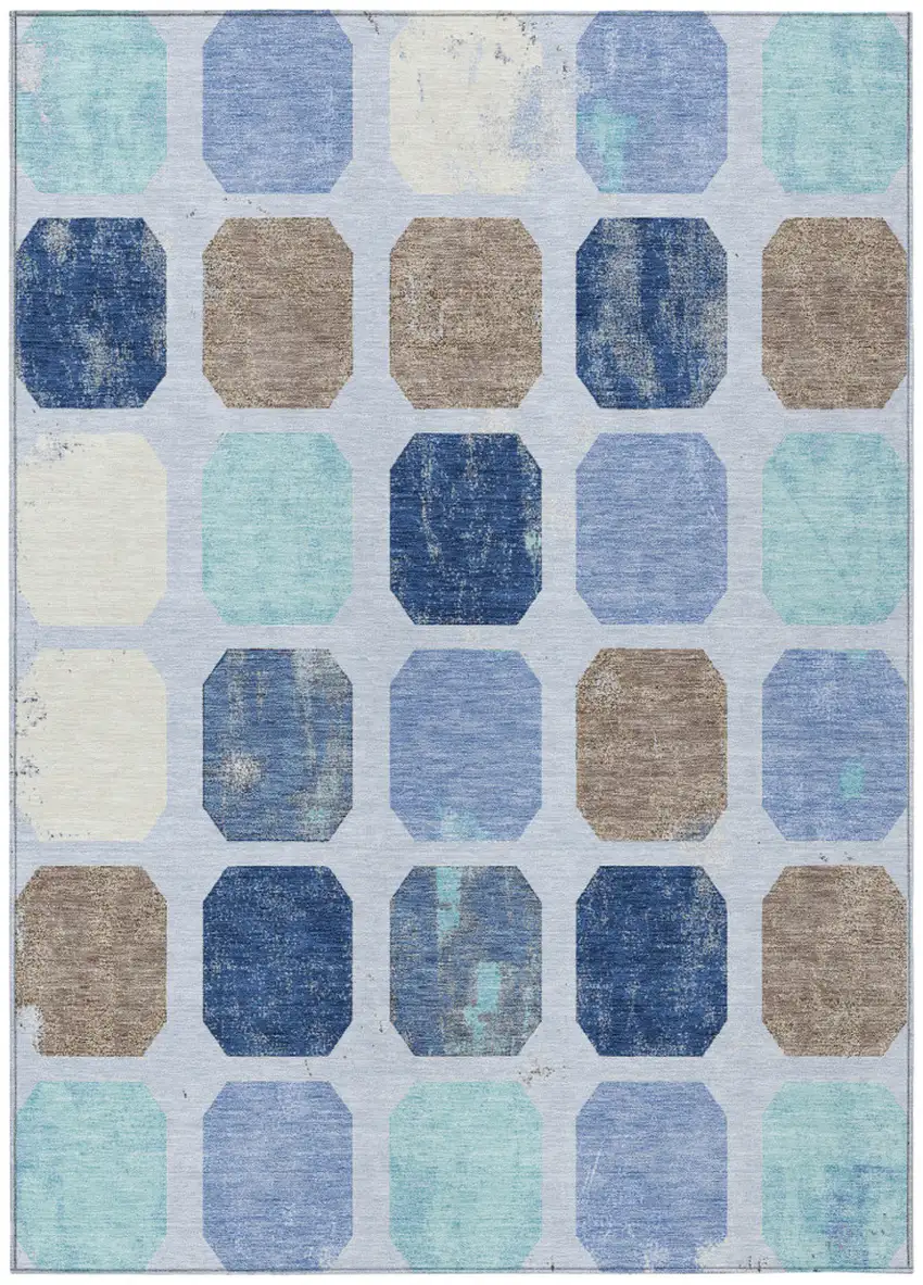 Denim Blue Brown And Sky Blue Geometric Washable Indoor Outdoor Area Rug Photo 1