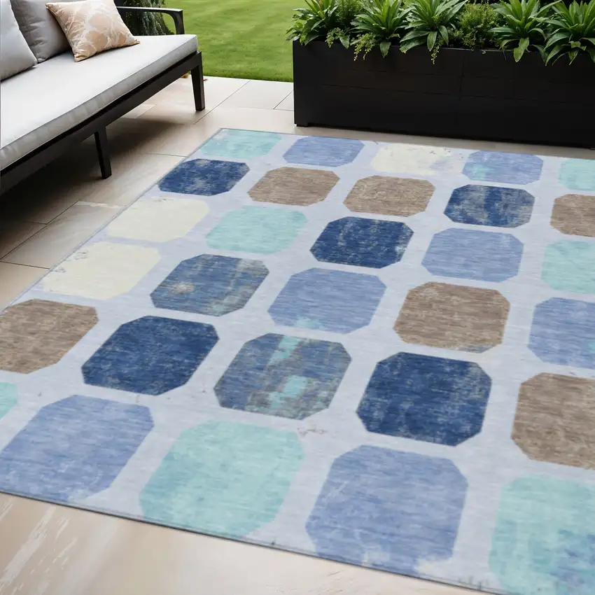 Denim Blue Brown And Sky Blue Geometric Washable Indoor Outdoor Area Rug Photo 2