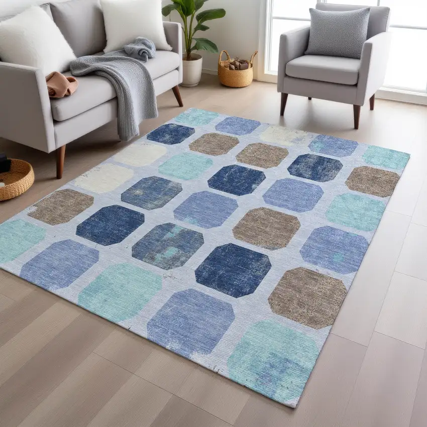 Denim Blue Brown And Sky Blue Geometric Washable Indoor Outdoor Area Rug Photo 6