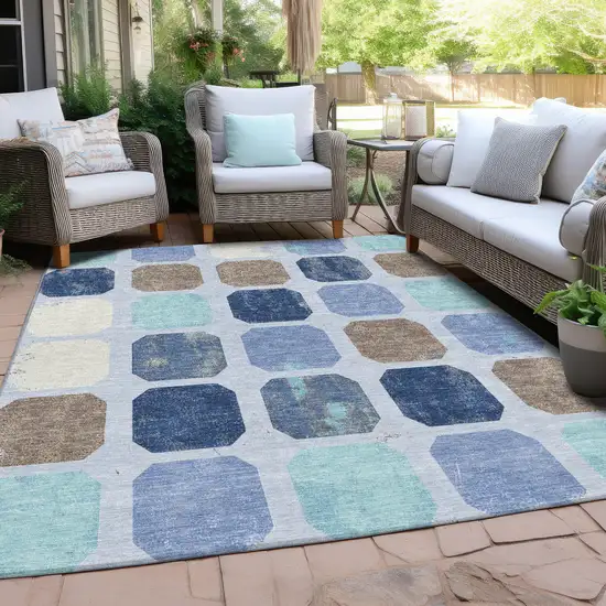 Denim Blue Brown And Sky Blue Geometric Washable Indoor Outdoor Area Rug Photo 5