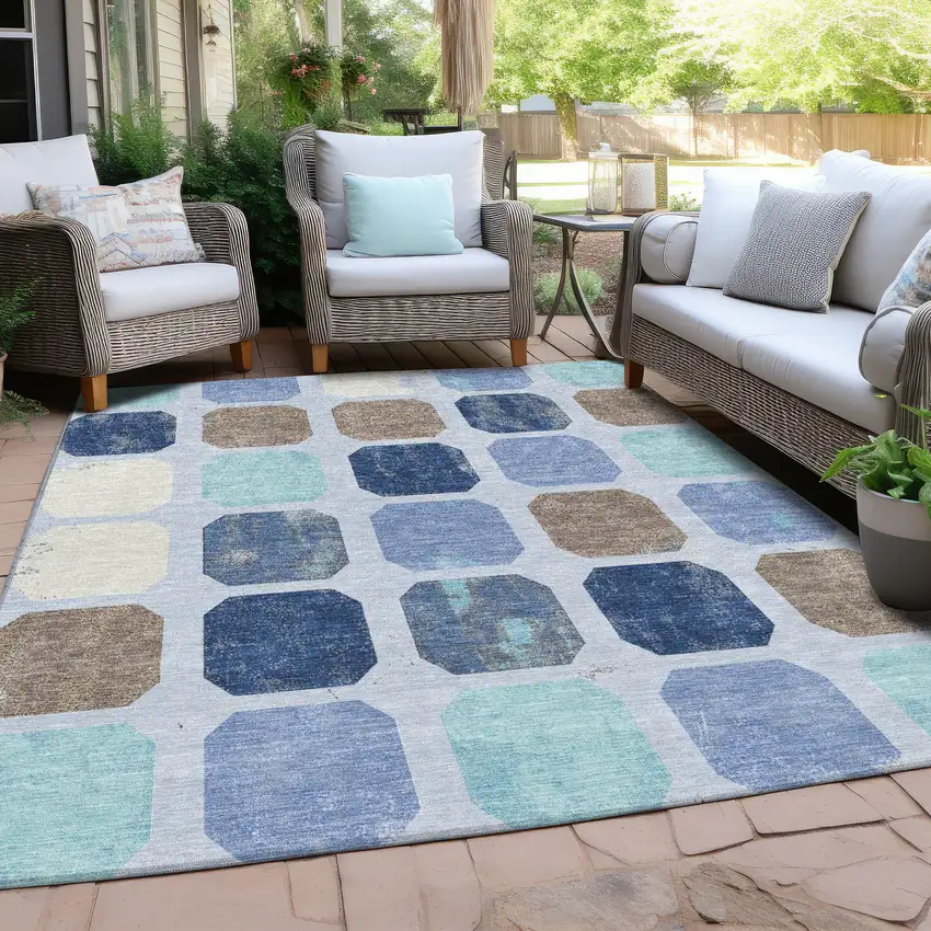 Denim Blue Brown And Sky Blue Geometric Washable Indoor Outdoor Area Rug Photo 5