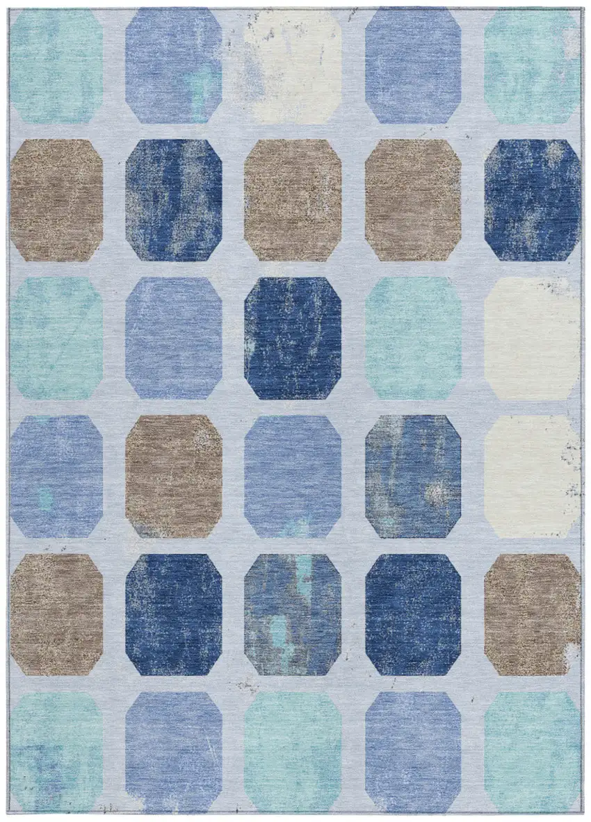 Denim Blue Brown And Sky Blue Geometric Washable Indoor Outdoor Area Rug Photo 3